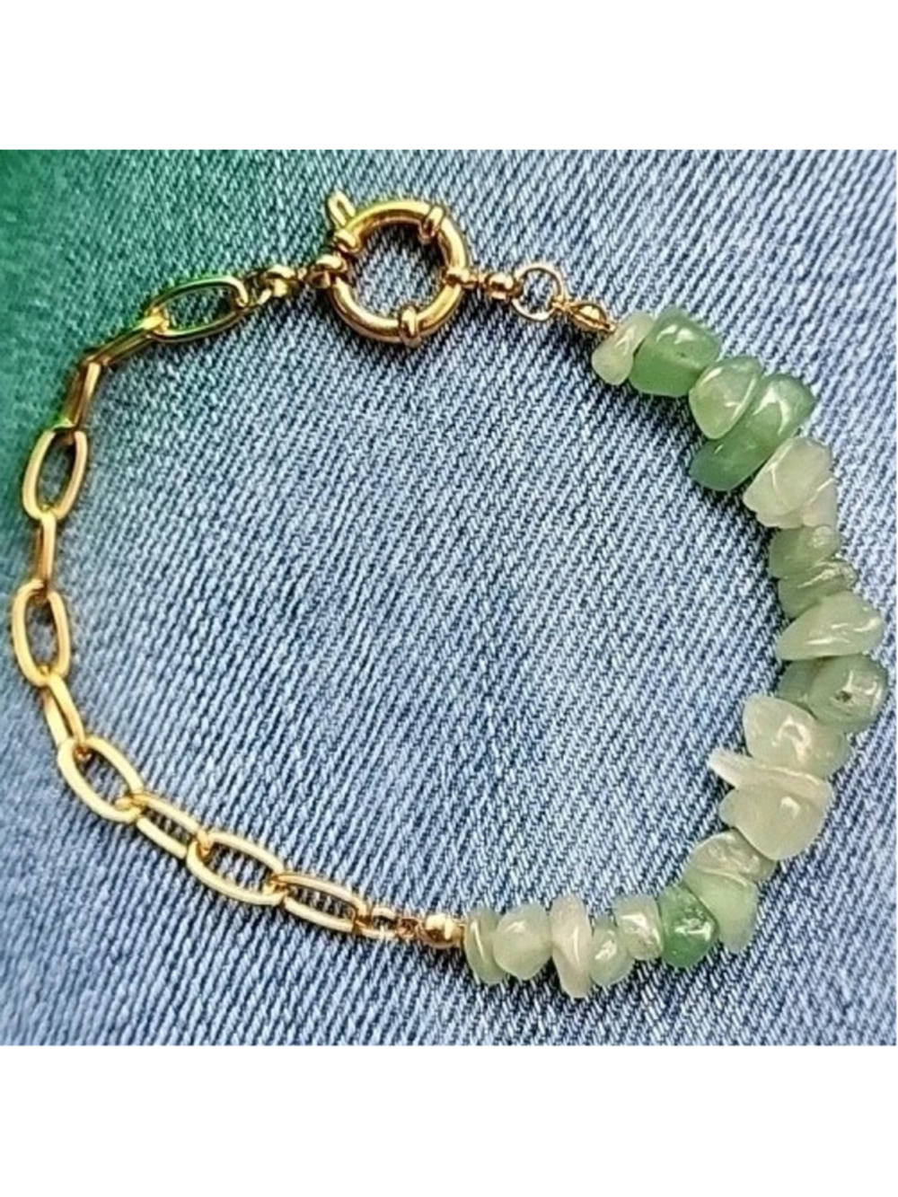 Beachy Aqua Aventurine Gemstone Bracelet 18kt Gold Plated paperclip Chain 8"EUC